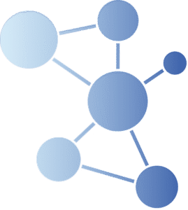 Abstrakt illustration av sammankopplade blå cirklar av varierande storlek, som liknar en molekyl eller nätverksstruktur för läkemedelsuppföljning, sammankopplade med tunna blå linjer på en vit bakgrund.