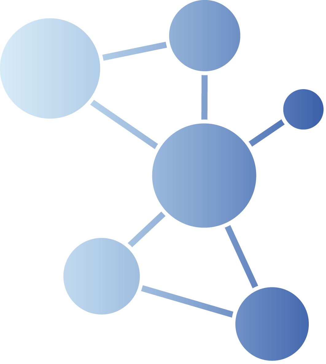 Abstrakt illustration av sammankopplade blå cirklar av varierande storlek, som liknar en molekyl eller nätverksstruktur för läkemedelsuppföljning, sammankopplade med tunna blå linjer på en vit bakgrund.